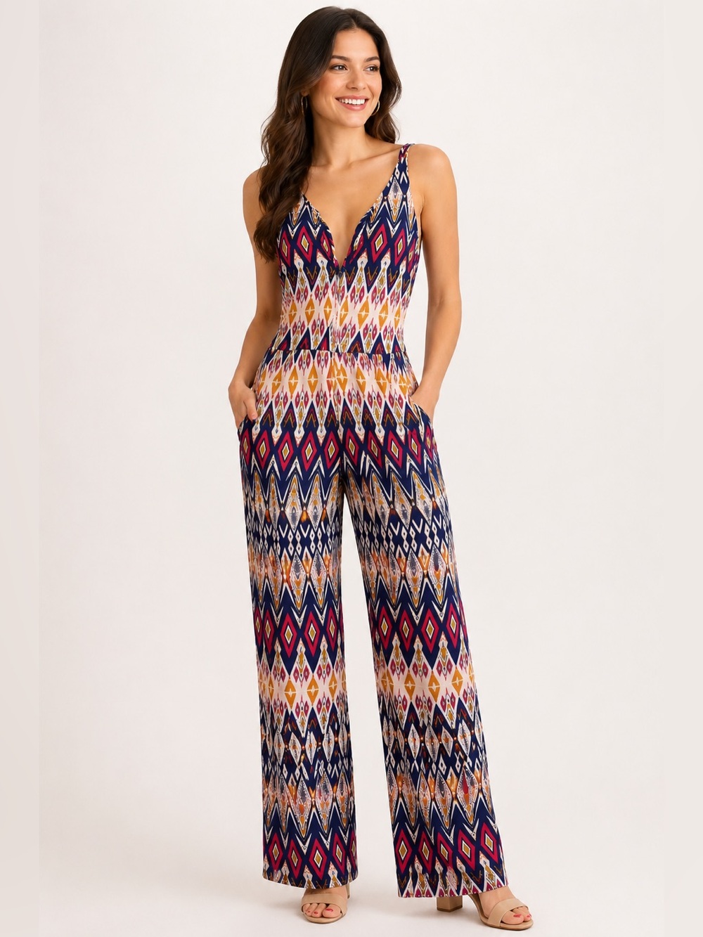 Ambiance Sleeveless V-Neck Geometric Print Jumpsuit - Navy, Pink, Mustard - Picture 1 of 5
